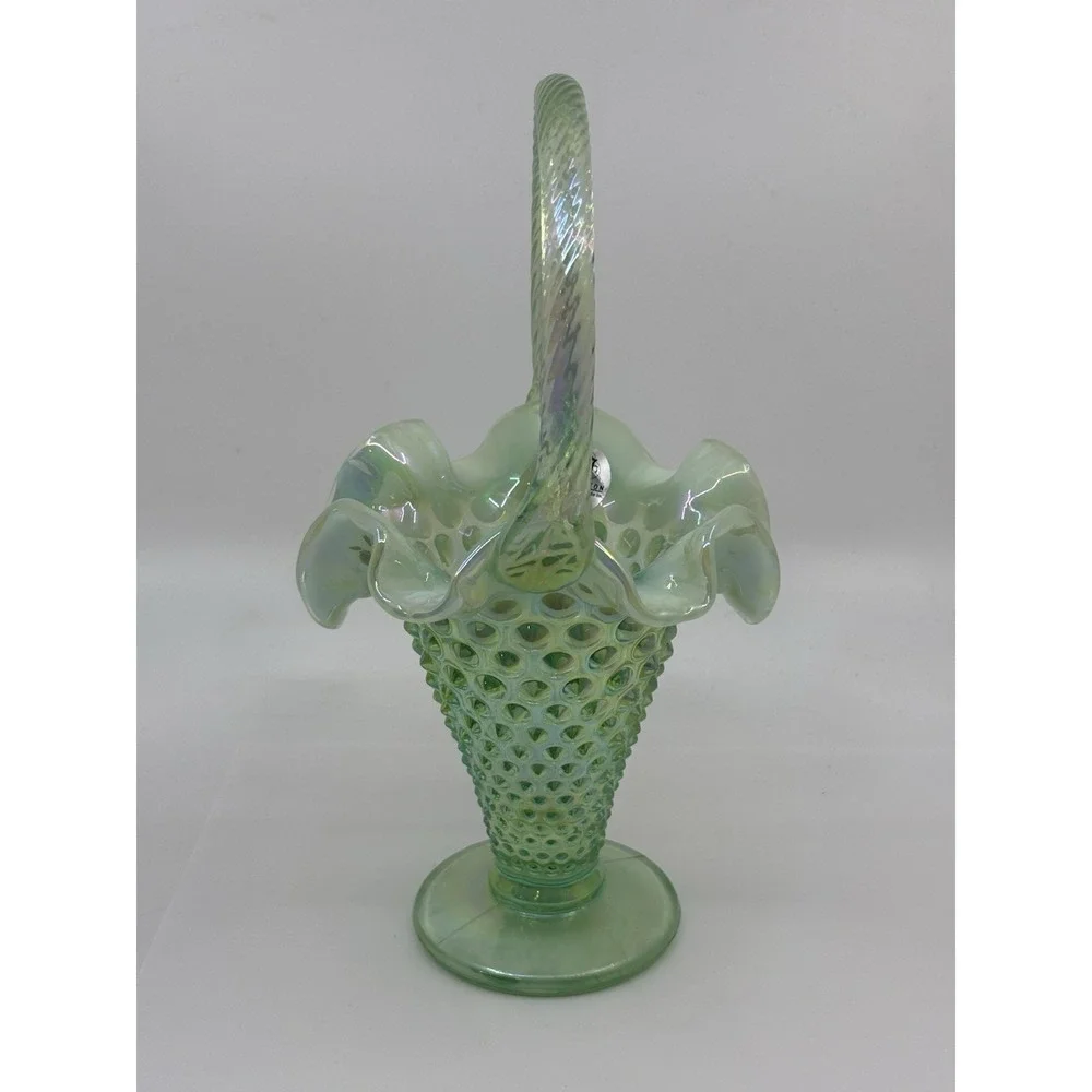 Vintage FENTON Sea Mist Green Opalescent Hobnail  Basket  w/ Twisted Handle